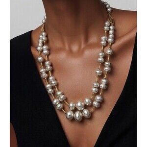 Vintage Silver Tone Beaded Statement Necklace Double Strand Gold Accent